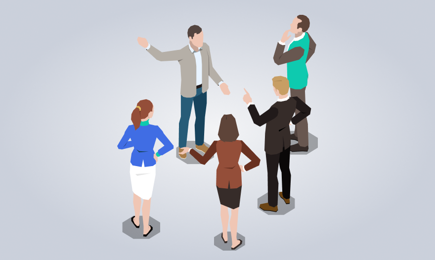 Isometric illustration of diverse business people standing in a circle, engaged in discussion and collaboration.