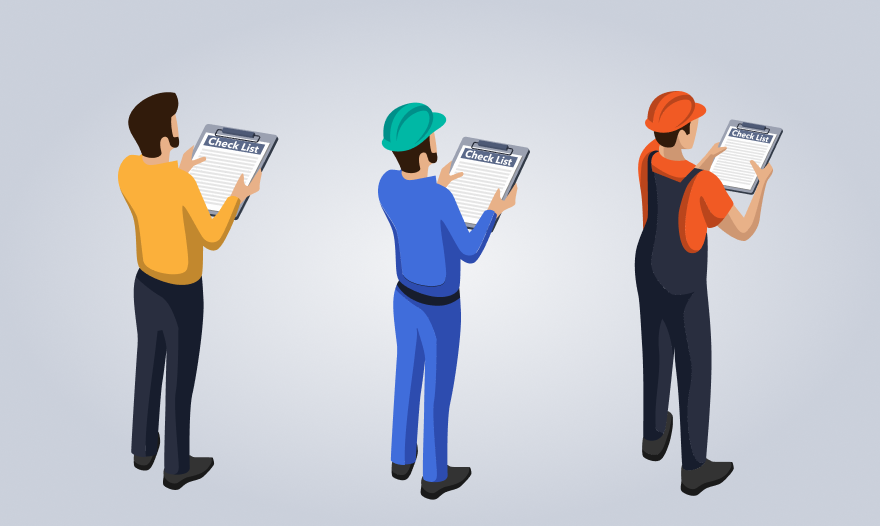 Three men are gathered, holding a clipboard, possibly coordinating a project or task together.