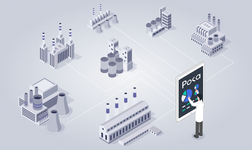 A man stands before a tablet displaying a detailed map of factories, analyzing the layout and locations.
