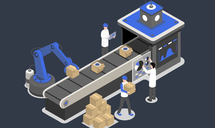 A robot efficiently moves boxes along a conveyor belt in a warehouse setting.