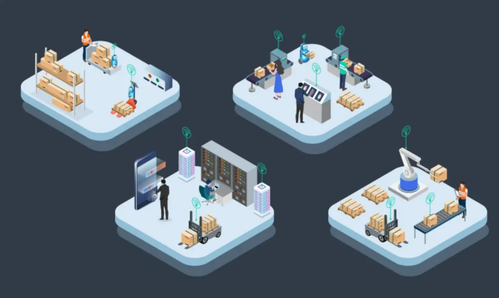 Four distinct warehouse management systems displayed, showcasing various features and functionalities for inventory control.