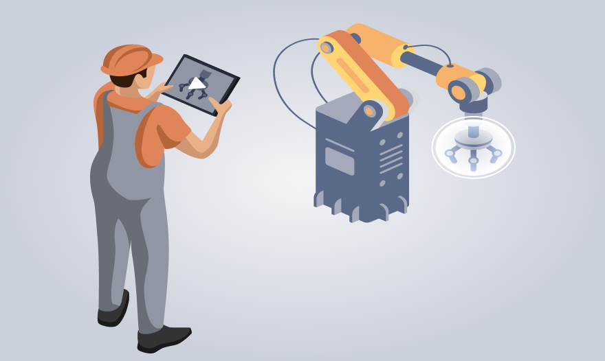 A man holds a tablet, intently observing a robot in front of him.