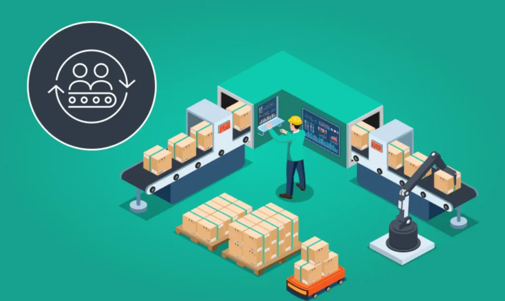 A man operates a machine surrounded by boxes and a forklift in a warehouse setting.