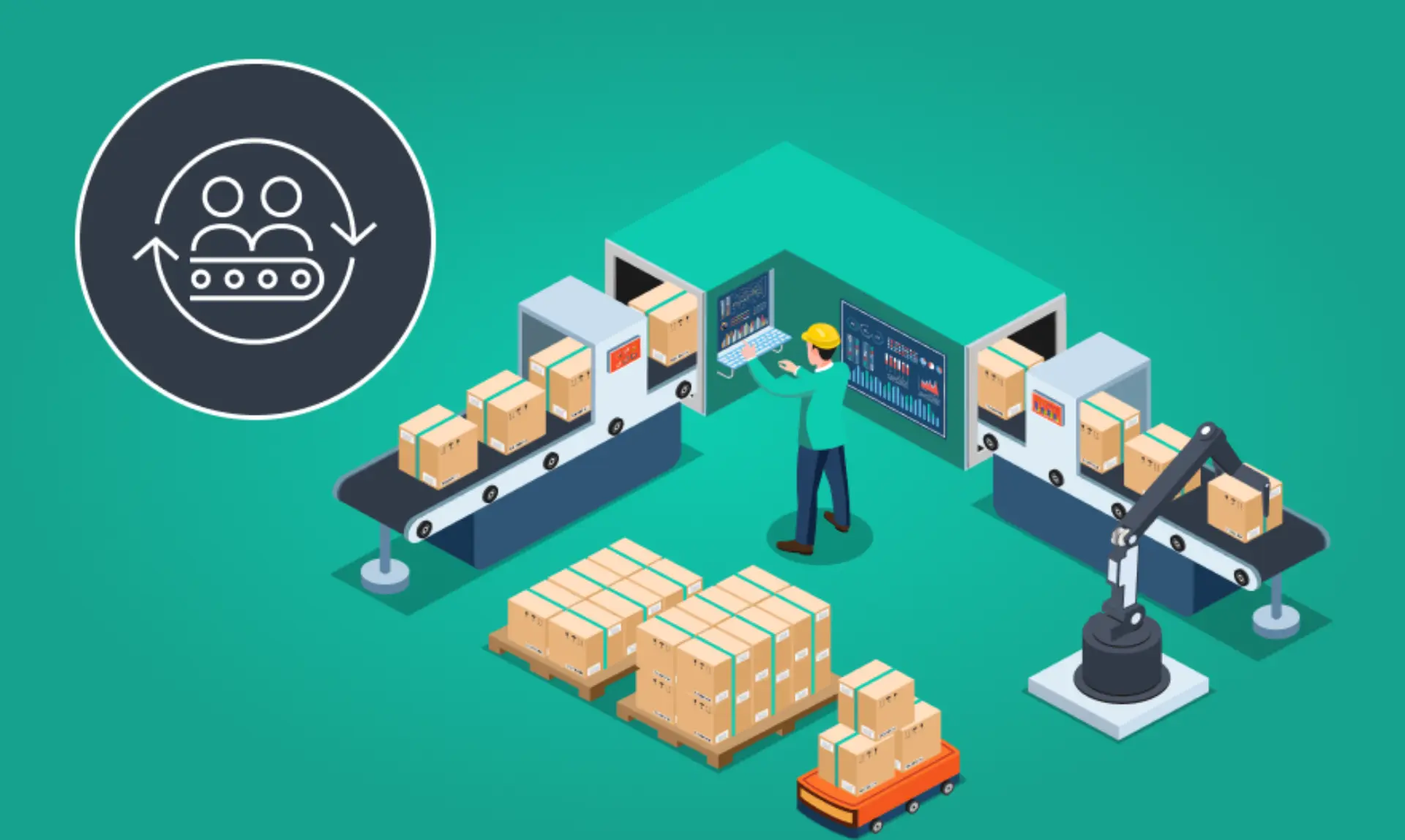 A man operates a machine surrounded by boxes and a forklift in a warehouse setting.