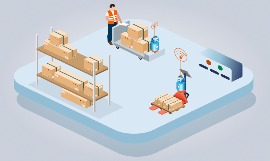 Isometric illustration of a warehouse with several people engaged in various work activities inside.