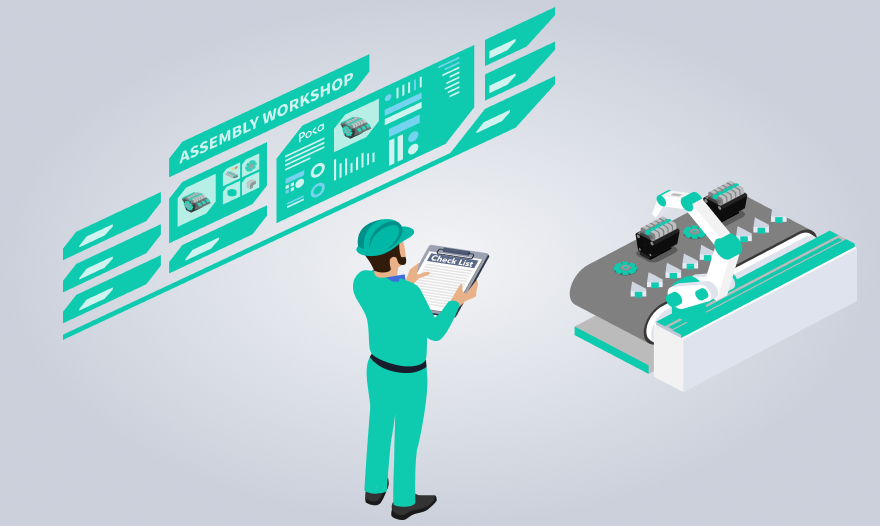 An illustration of a man focused on working with a tablet in a modern factory setting.