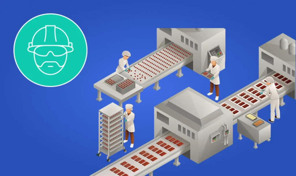 A factory scene showing workers assembling products on a conveyor belt, focused on their tasks in a busy environment.
