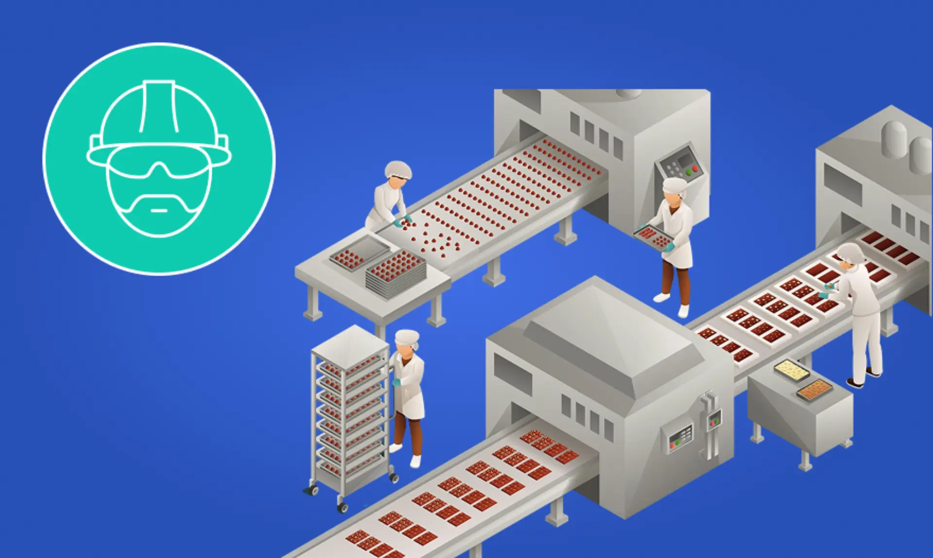A factory scene showing workers assembling products on a conveyor belt, focused on their tasks in a busy environment.