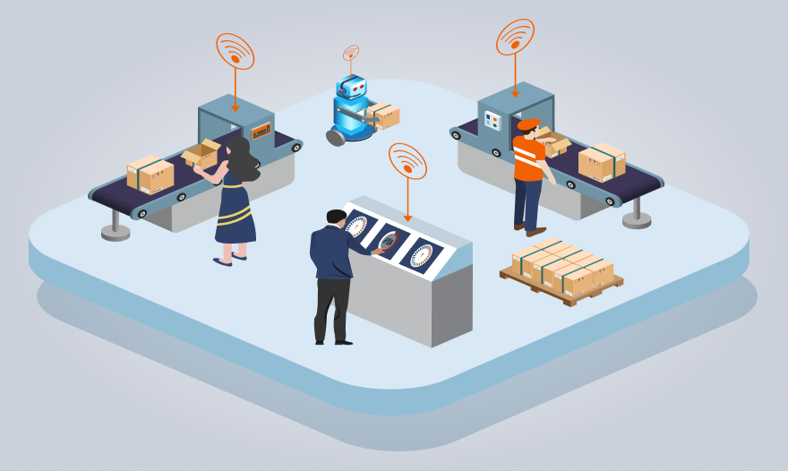 Isometric illustration depicting diverse individuals collaborating in a busy warehouse environment.