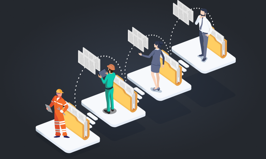Isometric illustration of diverse individuals collaborating while working in a modern workspace setting.