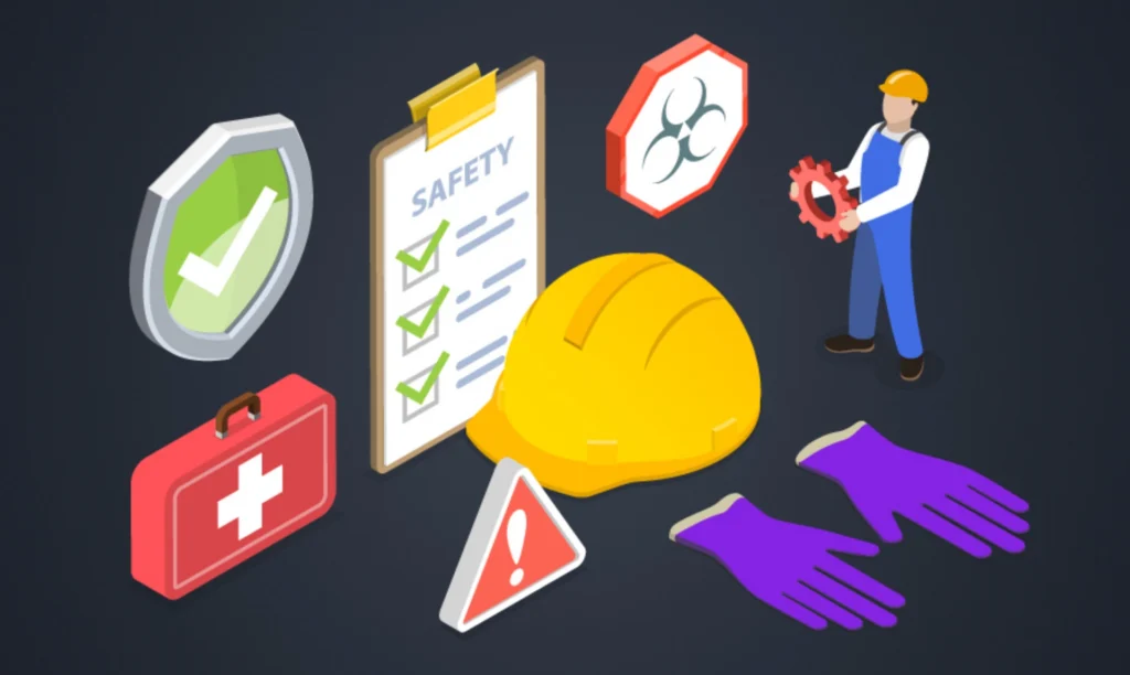 Isometric illustration of a worker wearing safety equipment, including a helmet and gloves, in a construction setting.