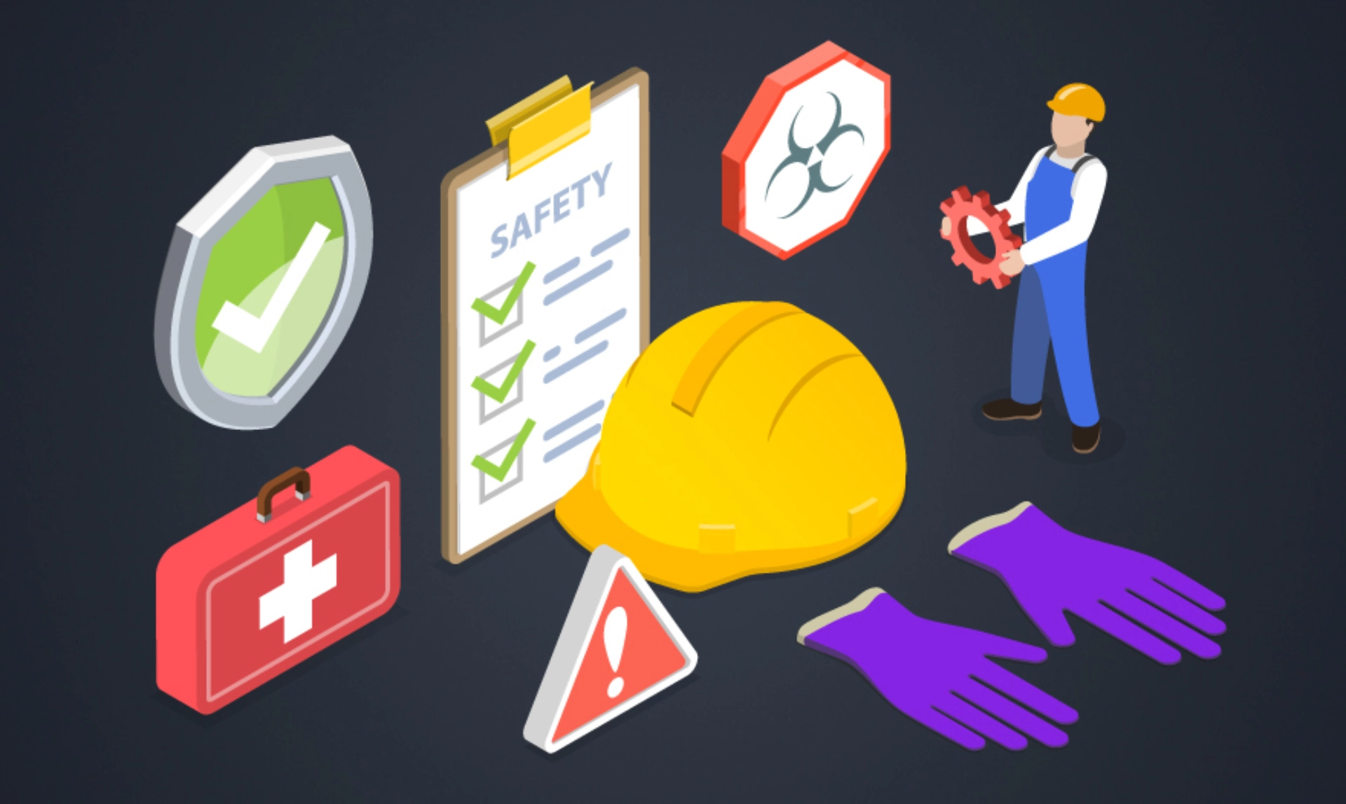 Isometric illustration of a worker wearing safety equipment, including a helmet and gloves, in a construction setting.