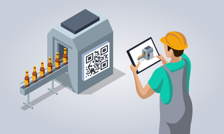 An illustration of a man scanning bottles with a tablet, focused on the screen in a modern setting.