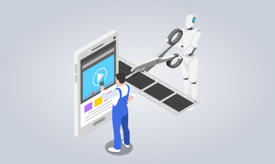 A man holds a phone while editing a film, focused on the screen in front of him.