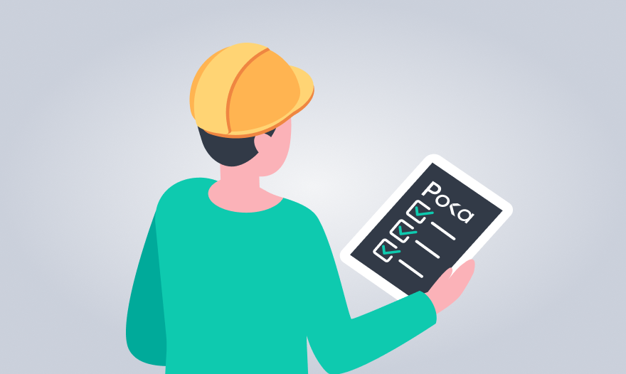 Illustration of a factory worker holding a tablet going through checklist on Poka Connect Worker Platform.