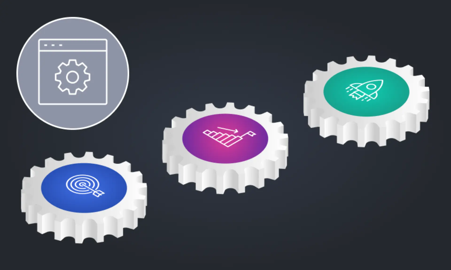 Four interlocking gears, each featuring distinct icons representing various functions or concepts.