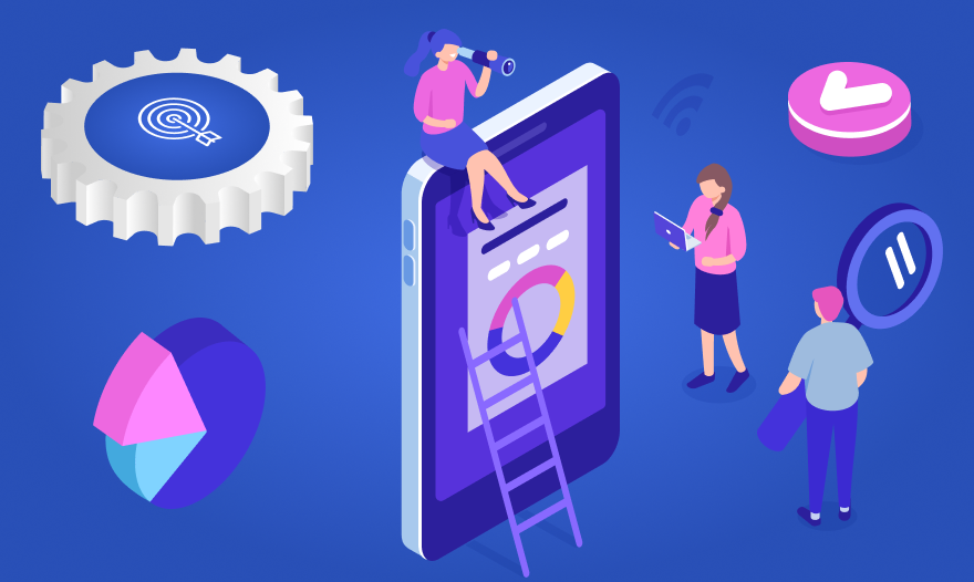 Isometric illustration depicting diverse individuals engaging with a mobile app on their devices.