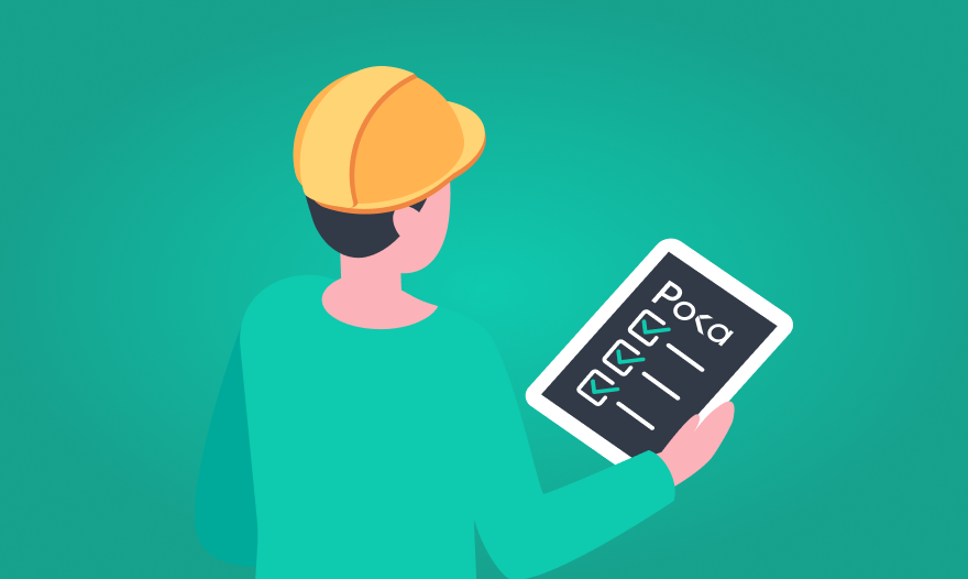 Illustration of a factory worker holding a tablet going through checklist on Poka Connect Worker Platform.