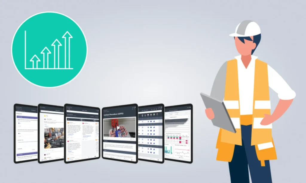 Various screenshots of Poka connected worker platform on tablets.