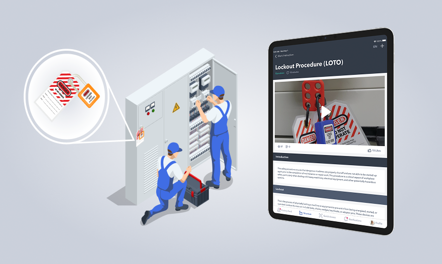 Screenshot of Poka's LOTO on a tablet next to two workers.