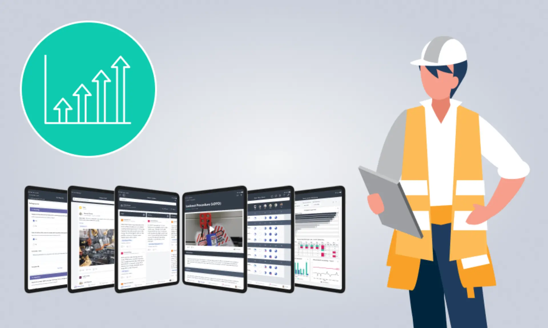 Various screenshots of Poka connected worker platform on tablets.