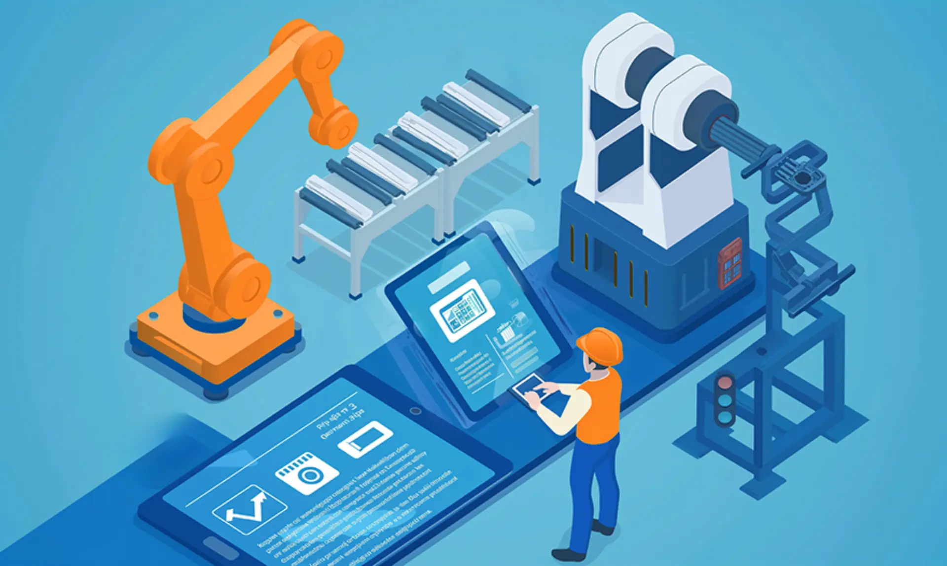 A man using a tablet, surrounded by a robot and various machinery in a modern workspace.