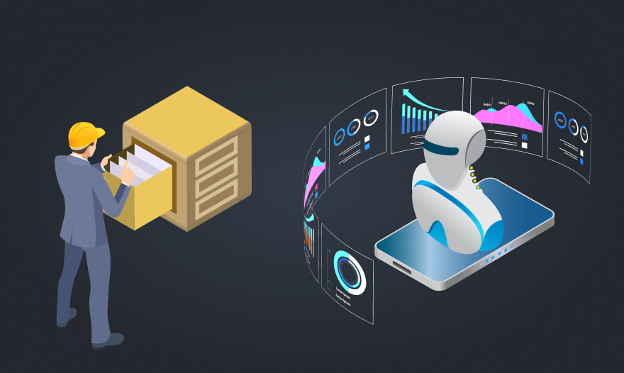 A man searches a filing cabinet while a robot sits on his computer, illustrating human-robot interaction in a workspace.