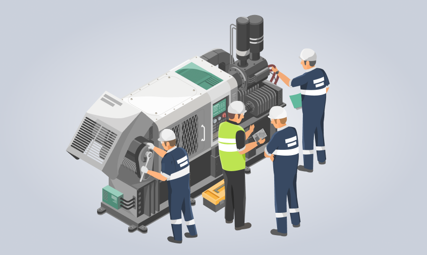 A diverse group of individuals collaborating on a complex machine in a workshop setting.