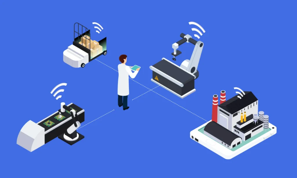 A modern smart factory showcasing advanced robotics and automation technology in a futuristic manufacturing environment.