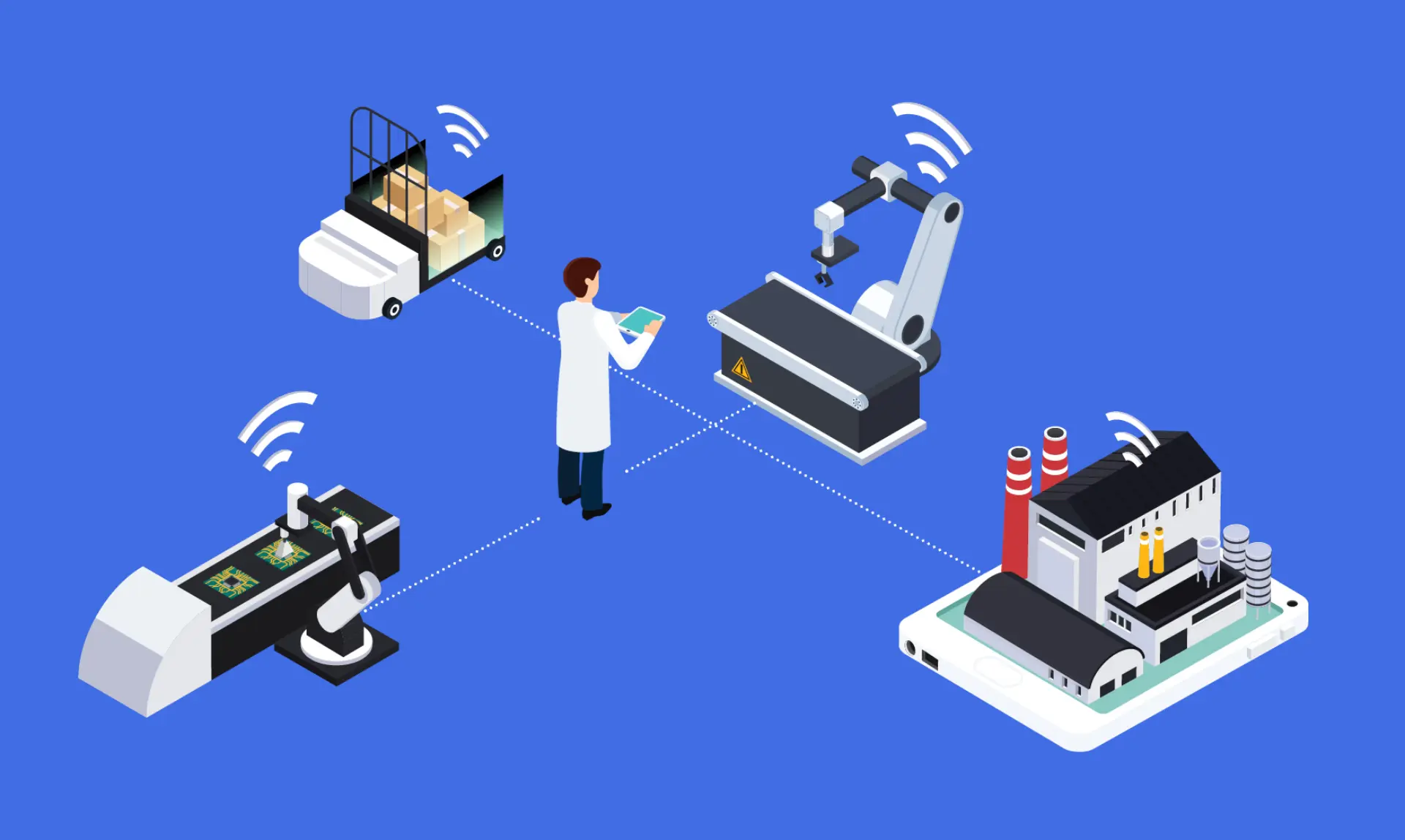 A modern smart factory showcasing advanced robotics and automation technology in a futuristic manufacturing environment.