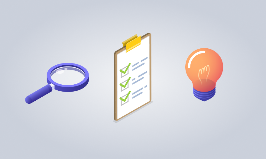 A checklist, a light bulb, and a magnifying glass arranged together, symbolizing ideas, tasks, and detailed examination.