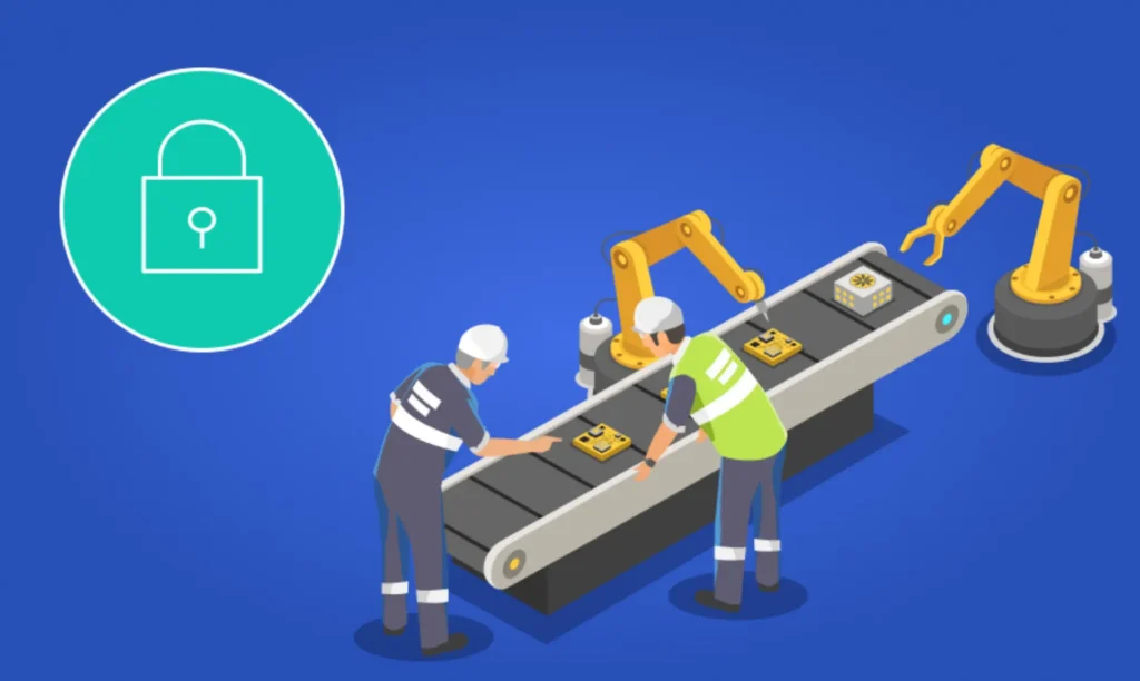 Two men operate a conveyor belt while robots assist in the assembly process in a modern industrial setting.
