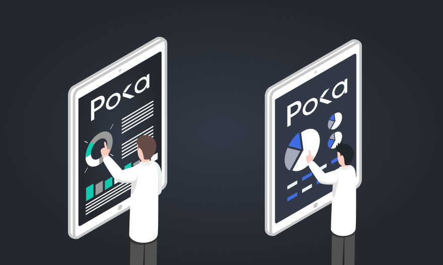 Illustration of two men operating poka connected worker app on tablets.