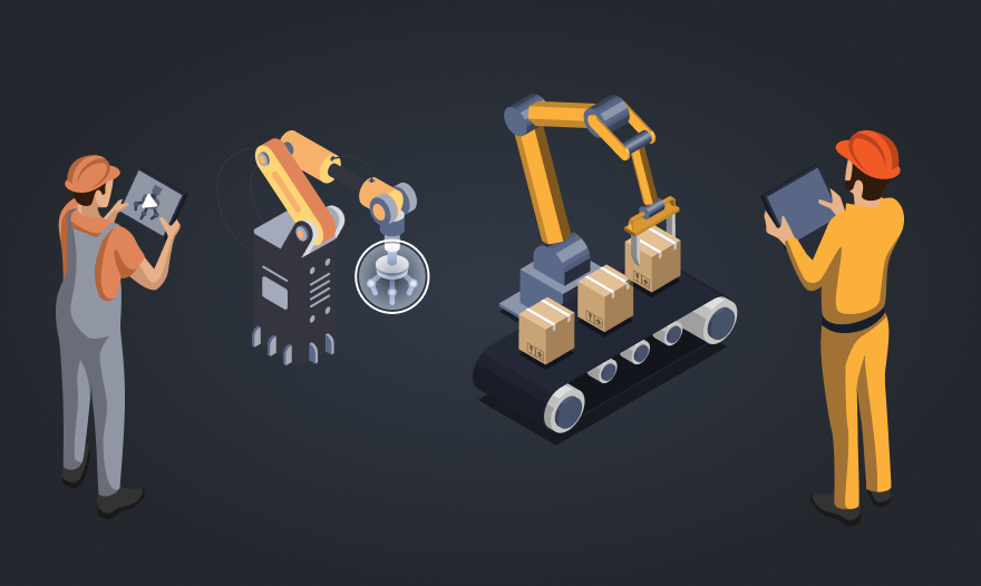 Two men in hard hats and overalls are collaborating on the assembly of a robot in a workshop setting.