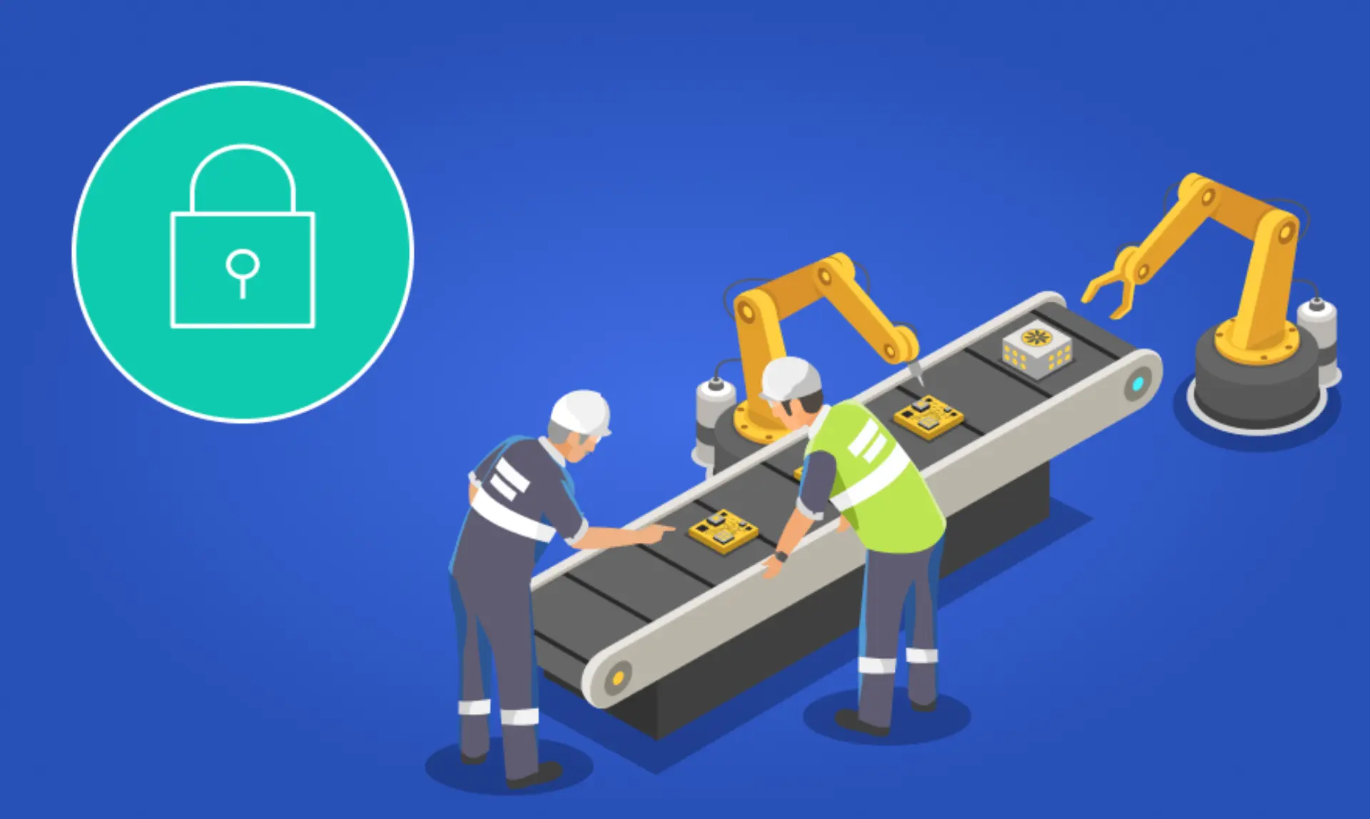 Two men operate a conveyor belt while robots assist in the assembly process in a modern industrial setting.