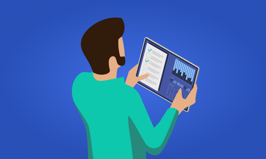 Man using a tablet computer against a solid blue background.