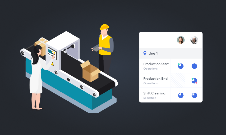 Screenshot of Poka production line management next to an illustration of a manufacturing production line