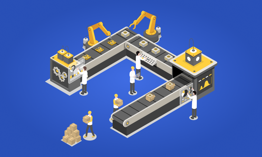 Isometric illustration of workers performing different roles in a warehouse, showcasing teamwork and productivity.