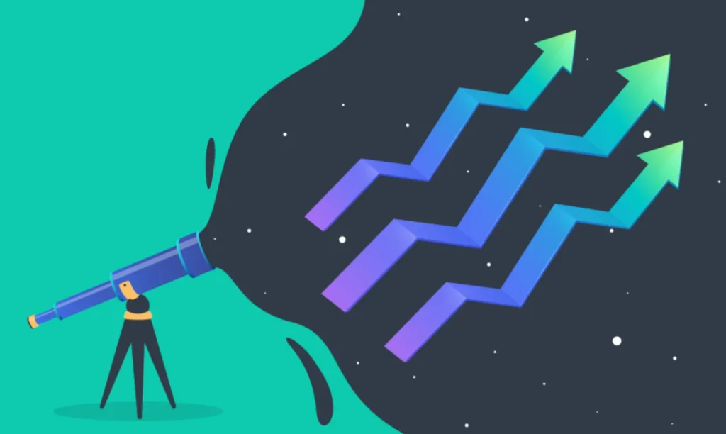 Illustration of a person using a telescope, symbolizing the search for innovative ideas and inspiration.