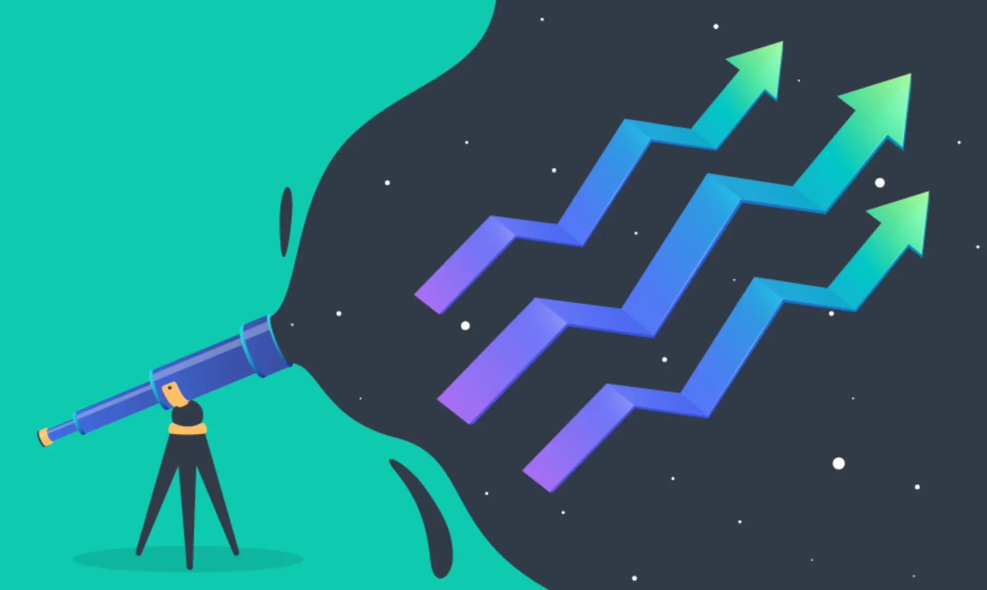 Illustration of a person using a telescope, symbolizing the search for innovative ideas and inspiration.