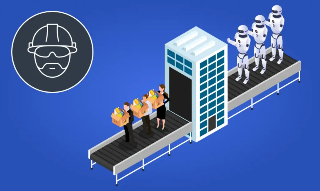 A robot stands beside a conveyor belt, while several people in suits observe the operation.