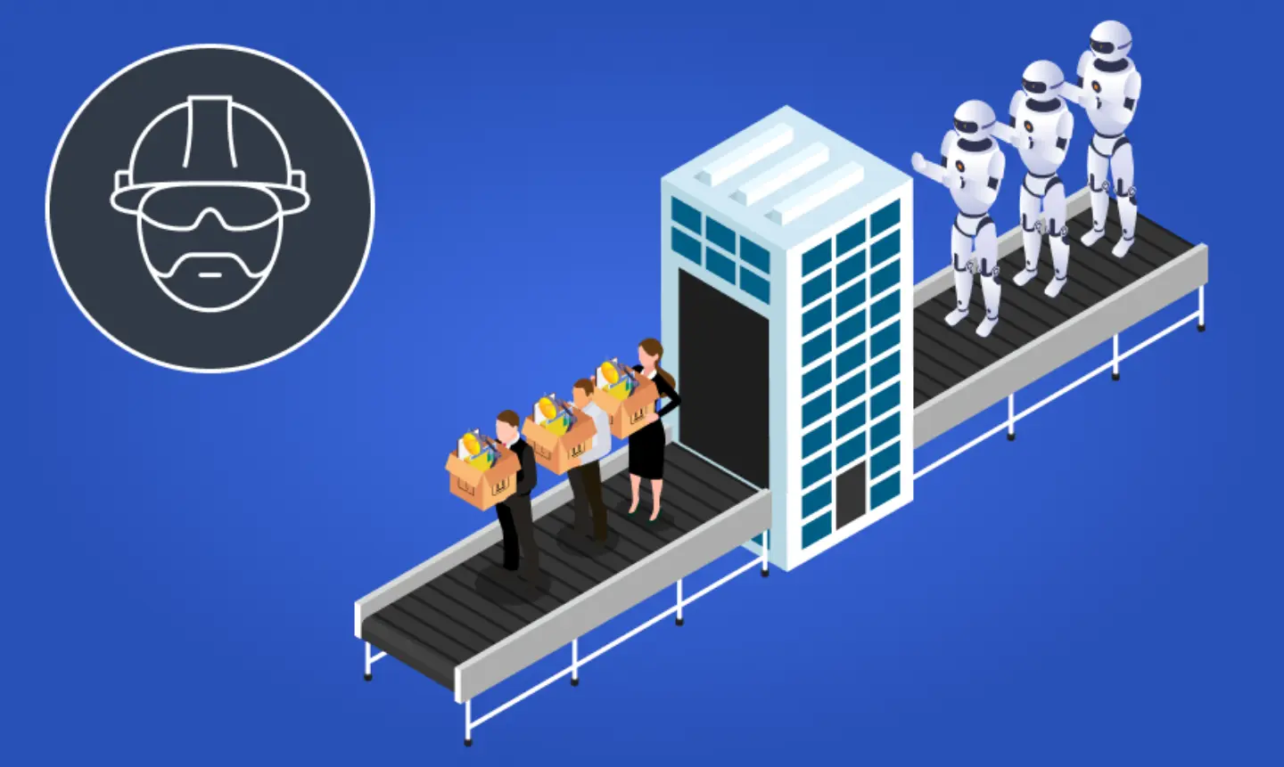 A robot stands beside a conveyor belt, while several people in suits observe the operation.