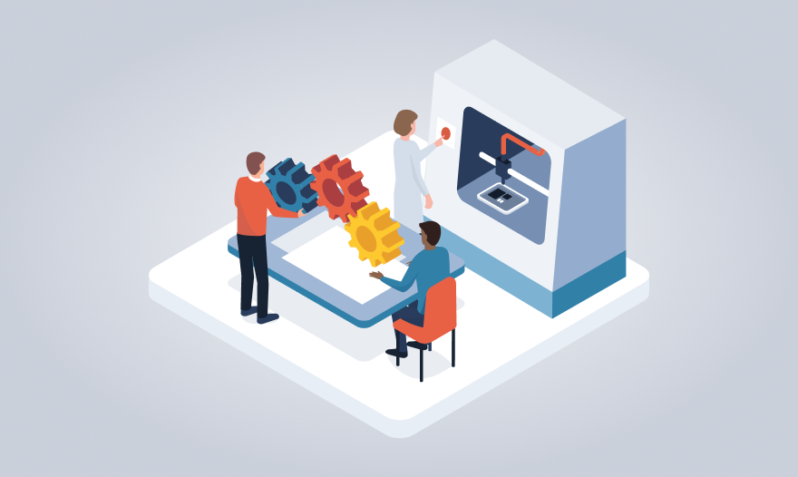 Isometric illustration of diverse individuals collaborating around a 3D printer in a modern workspace.