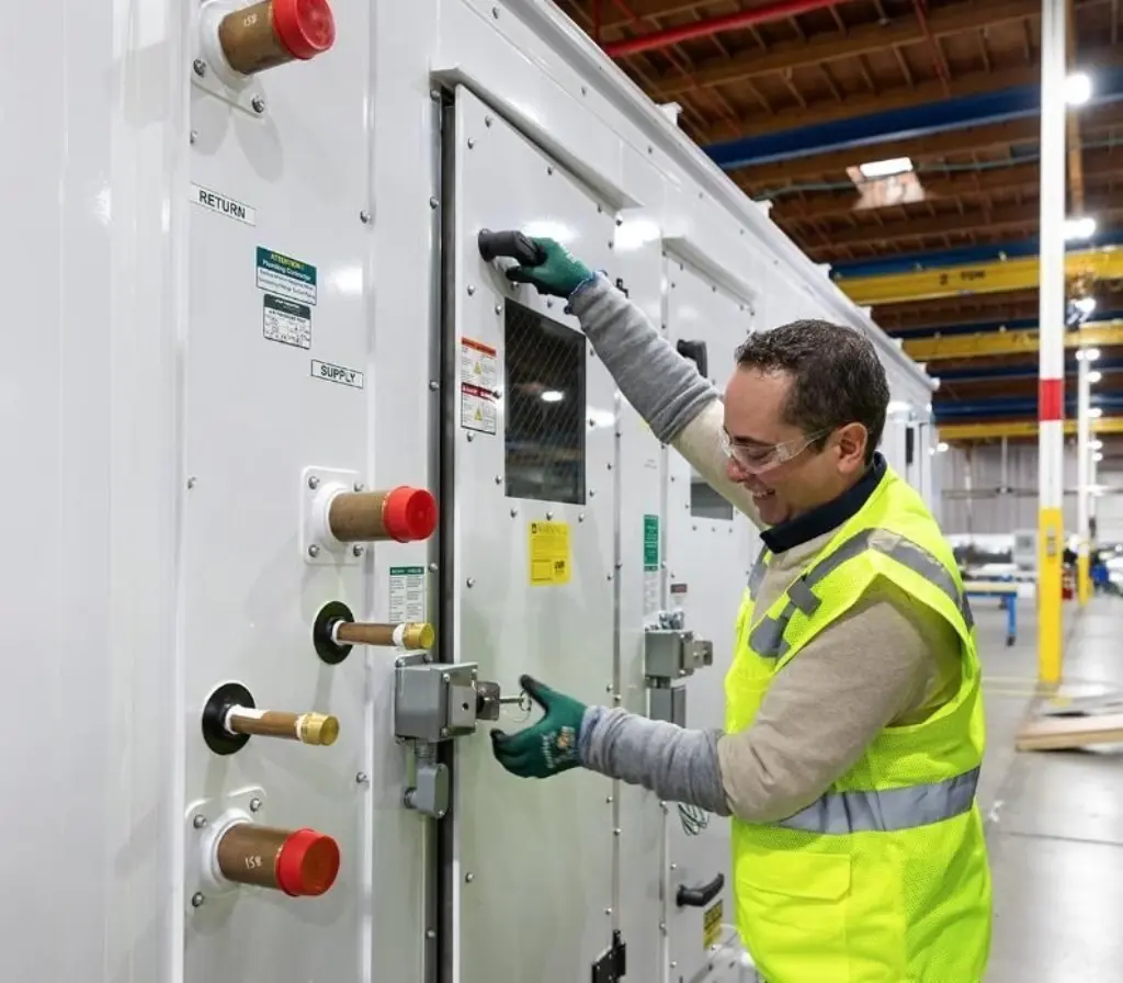 A man in a safety vest is actively working on a door, demonstrating safety and diligence in his task.