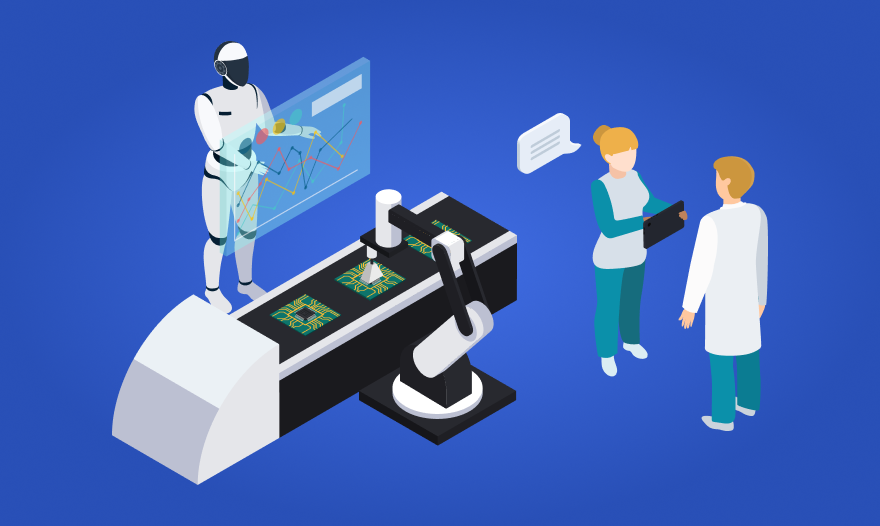 A robot stands beside a man and woman, showcasing a blend of technology and human interaction.