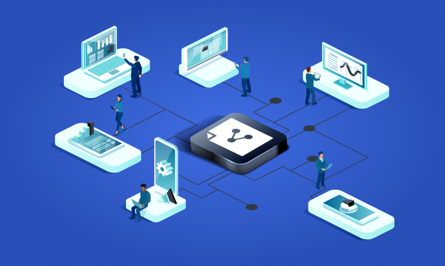 Isometric illustration of diverse individuals collaborating while working on computers in a modern office setting.