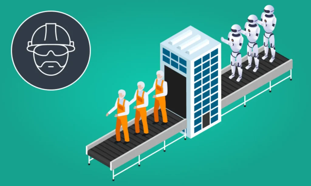 A robot stands beside a conveyor belt, while several people in suits observe the operation.
