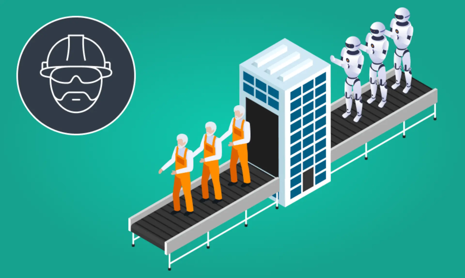 A robot stands beside a conveyor belt, while several people in suits observe the operation.