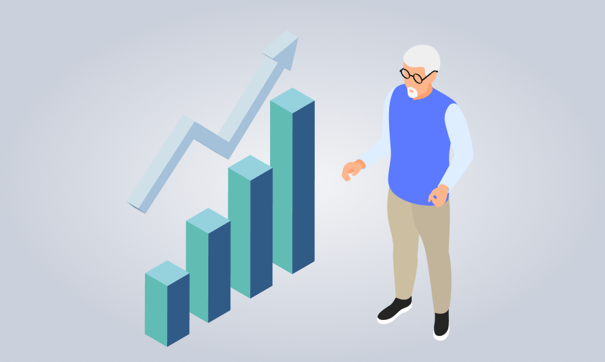 Illustration of a man standing beside a graph chart, analyzing data trends and insights.