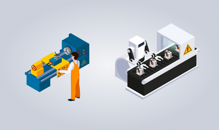 Isometric illustration of a machine shop worker operating machinery in a workshop setting.